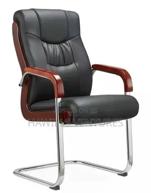 Black Leather Executive Visitor Chair With Wooden Armrests .