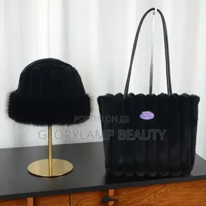 Women's Luxury Faux Fur Bucket Hat And Tote Bag 2-piece Set – Black