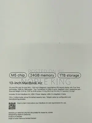 New Laptop Apple MacBook Air 2026 M5 13-inch 24GB Apple M5 SSD 1T