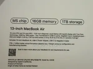 New Laptop Apple MacBook Air 2026 M5 16GB Apple M5 SSD 1T
