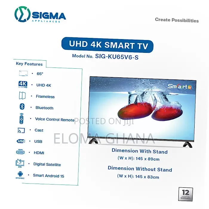 Original 65 Inch Sigma Smart Android Sig-Ku65v6-S 2026 Television