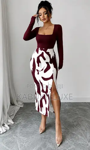 Burgundy Abstract Print Midi Dress