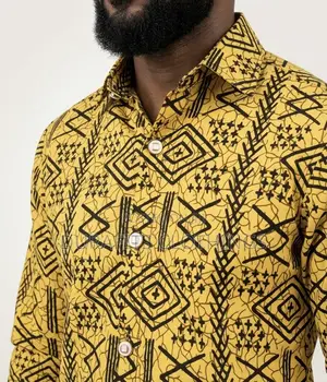 Men’S Premium African Print Shirt - Mustard Yellow Geometric
