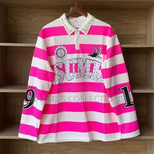 Color-Blocked Striped Rugby-Style Polo Long Sleeve Shirts