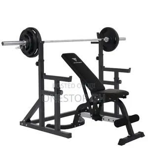 Weight Lifting Bench Incline Bench, Barbell Rack, and Leg Developer.