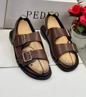 Brown Leather Pedro Brand Sandals Feature a Double Buckle Design