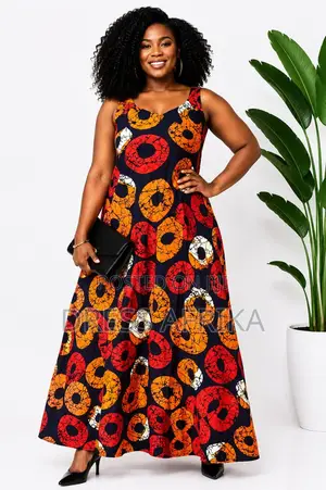 African Print Navy Orange Print Maxi Dress(With Split/Without Split)