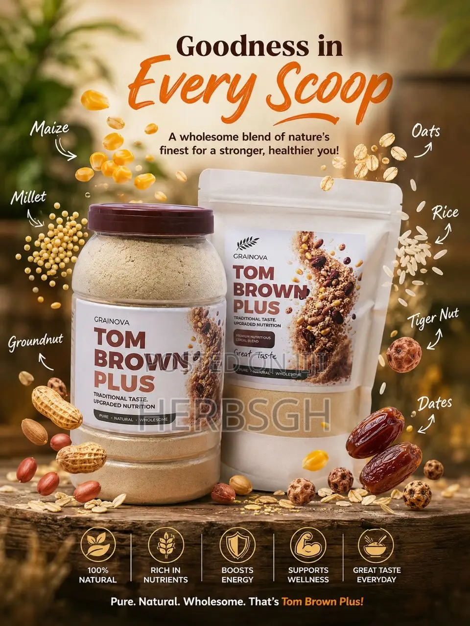 Tom Brown Plus | Tigernut, Millet, Maize, Rice, Oats, Nuts, Dates