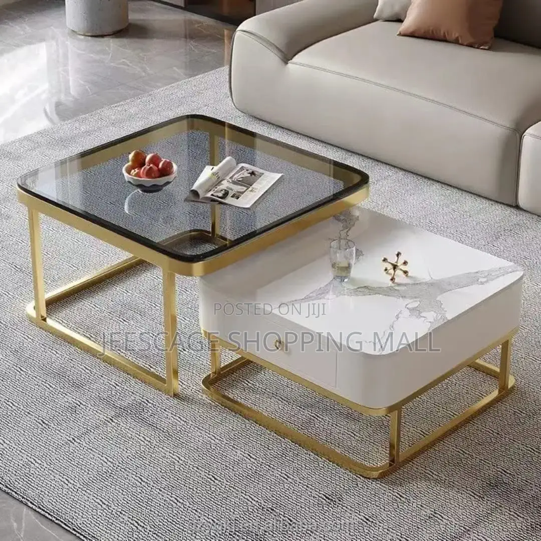 Square Smoked Glass Grey Two-Drawer Nesting Coffee Table