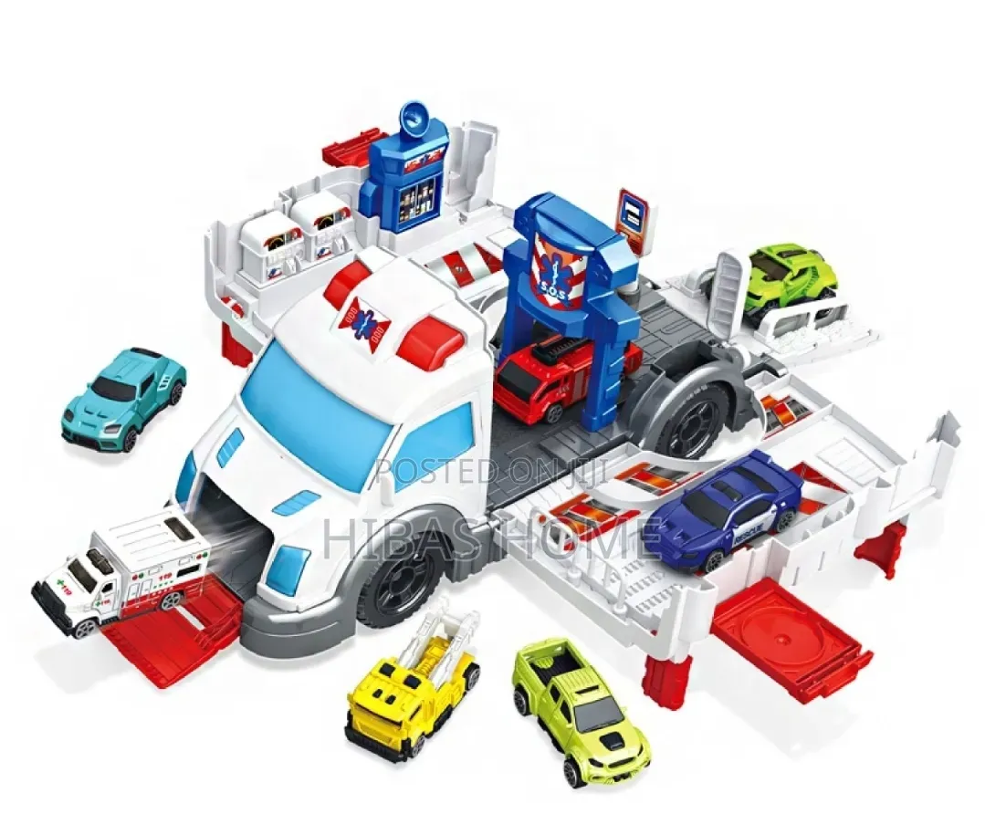 Toy Ambulance Play Set, 7 Vehicles,Gas Station,Cabinet,Fences,Stickers