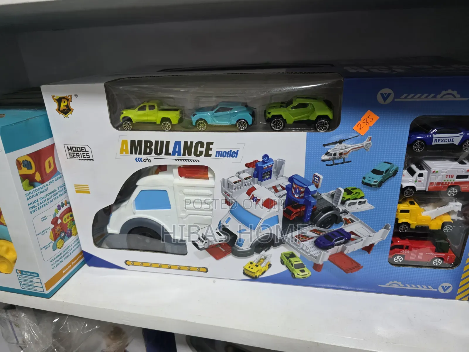 Toy Ambulance Play Set, 7 Vehicles,Gas Station,Cabinet,Fences,Stickers