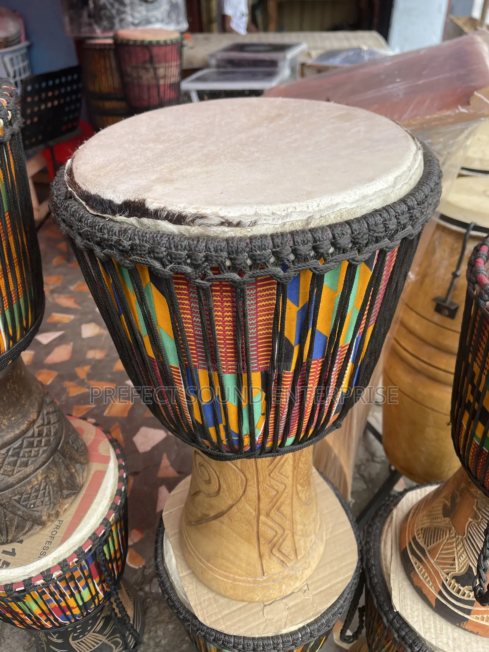 African Djembe Drum With Kente Fabric Finish Rope