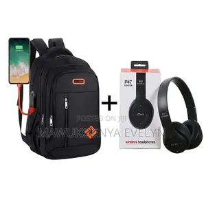 Laptop Backpack With Usb Port Black Plus Free P47 Bluetooth Headset