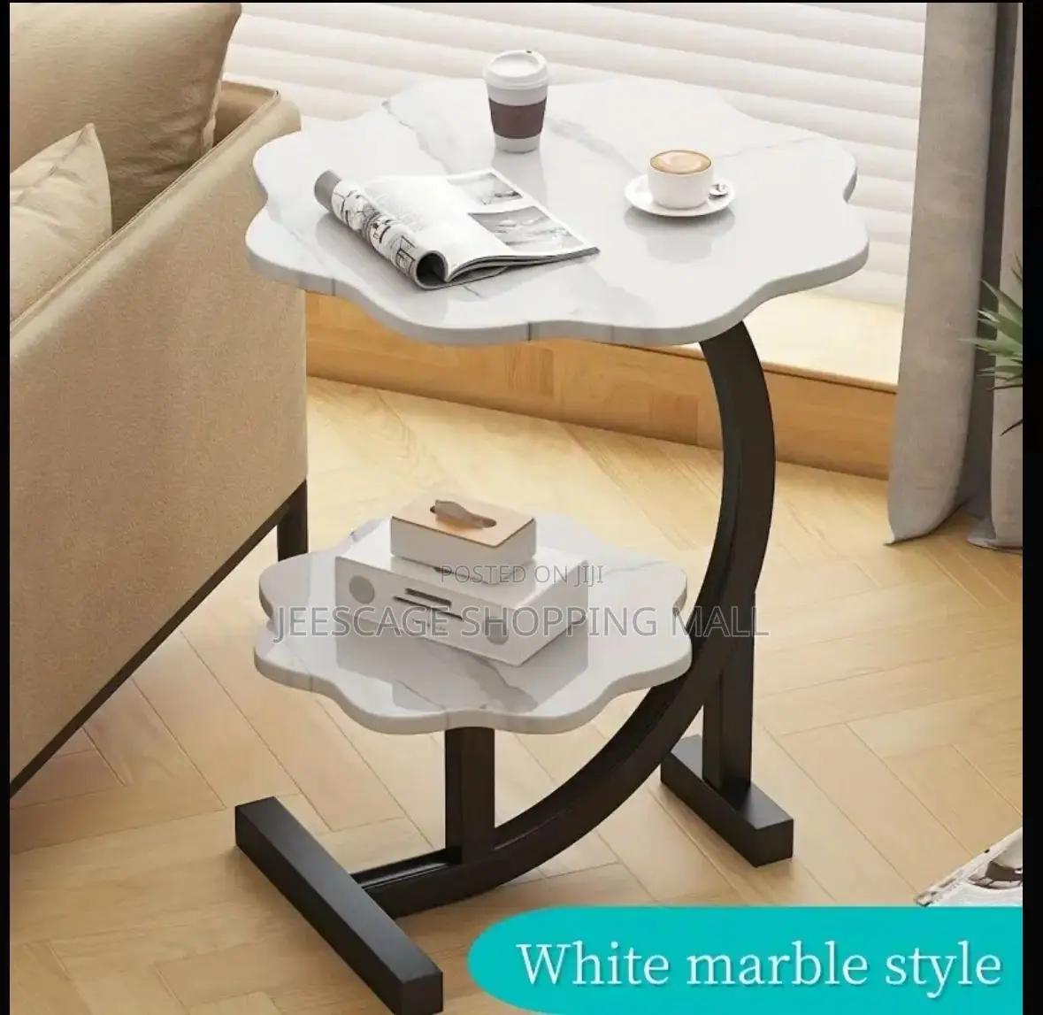 Flower-Shaped White Marble C-Shaped Side Table