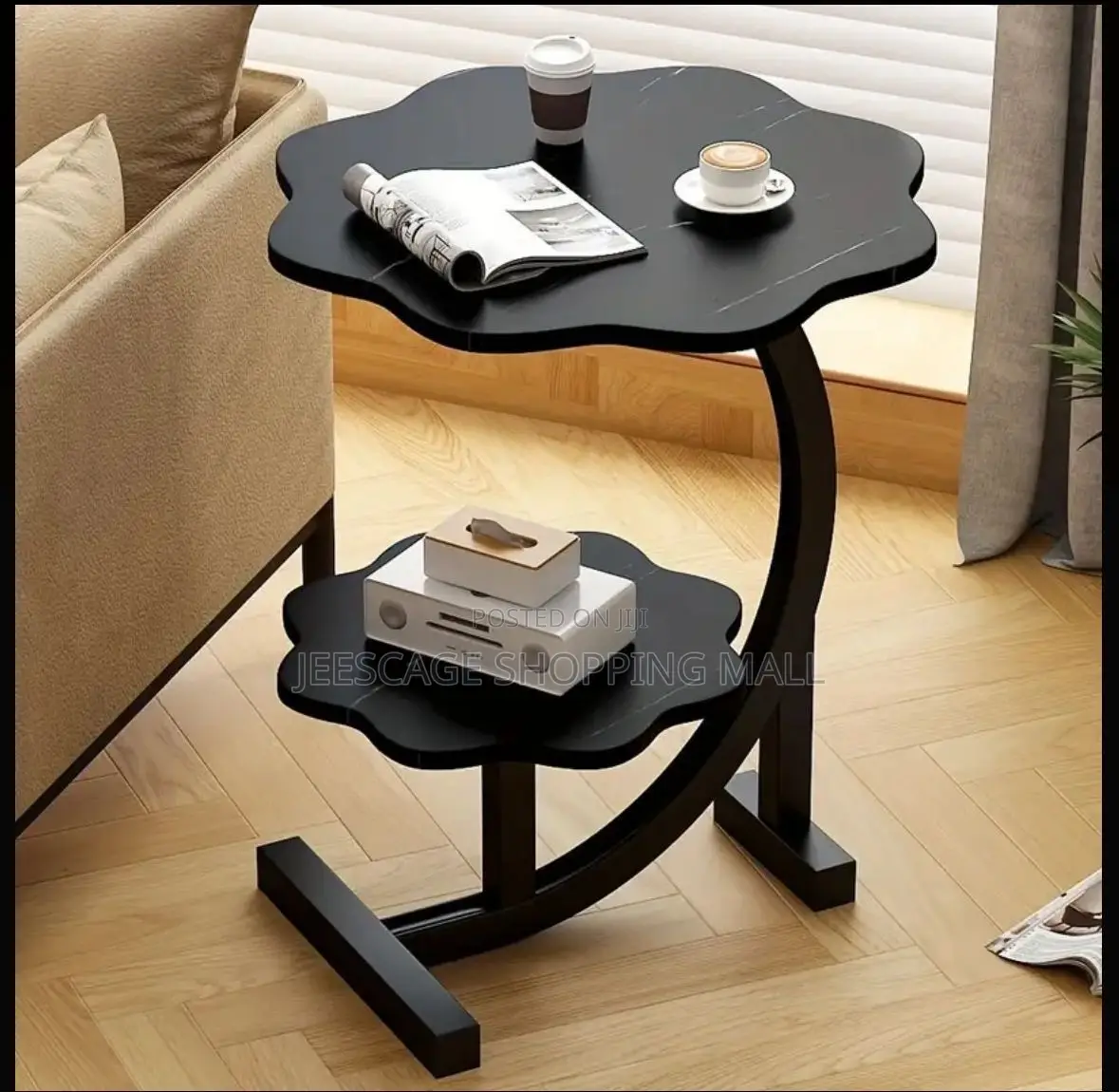 Flower-Shaped White Marble C-Shaped Side Table