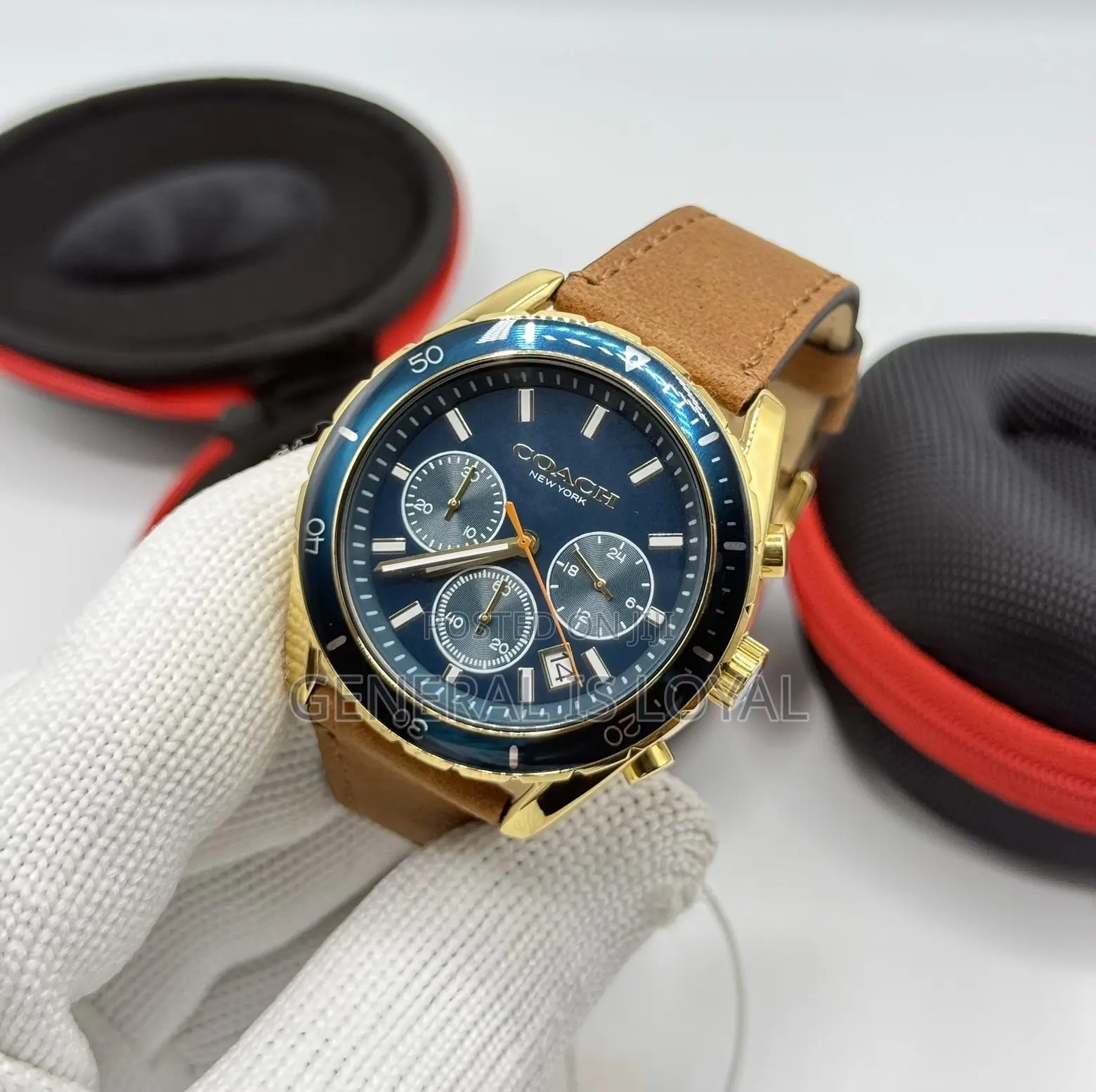 Coach Preston Chronograph Gold-Tone Navy Blue Dial Brown Leather Strap
