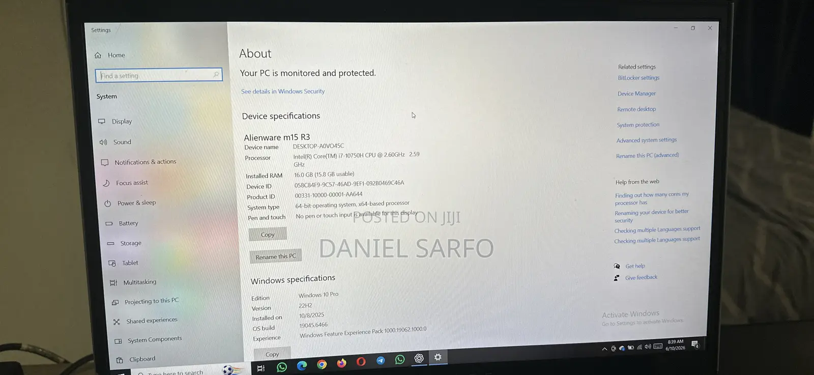 Laptop Alienware M15 r3 16GB Intel Core i7 SSD 1T