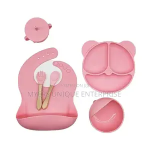 Bpa Free Silicone Baby Dish Set With Bib and Straw Cup