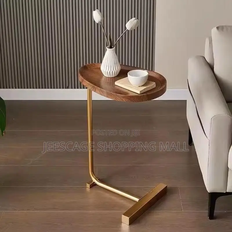 Modern C-Shape Oval Wood Sofa Side Table With Gold Metal Base