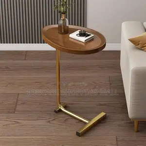 Modern C-Shape Oval Wood Sofa Side Table With Gold Metal Base