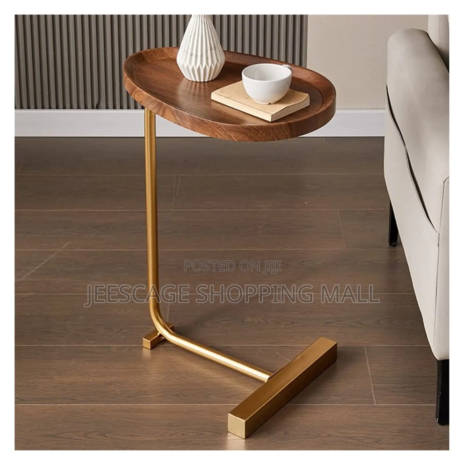 Modern C-Shape Oval Wood Sofa Side Table With Gold Metal Base