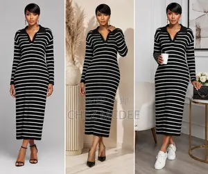 Black White Striped Midi Dress – Long Sleeve Knit | Chezmcdee