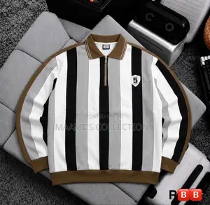 Men's Casual Striped Polo Shirt With Loose Fit and Stand-Up Collar.