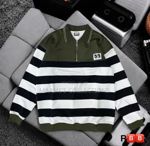 Men's Casual Striped Polo Shirt With Loose Fit and Stand-Up Collar.