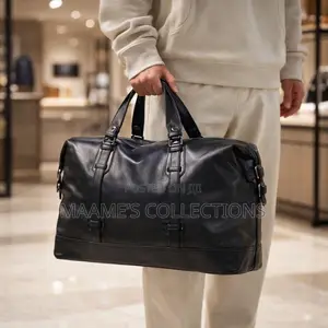 Large-Capacity Black Leather Duffel Bag