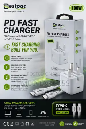 Original Bestpac 100w Pd Fast Charger Type-C to Type-C Cable (Uk Plug)