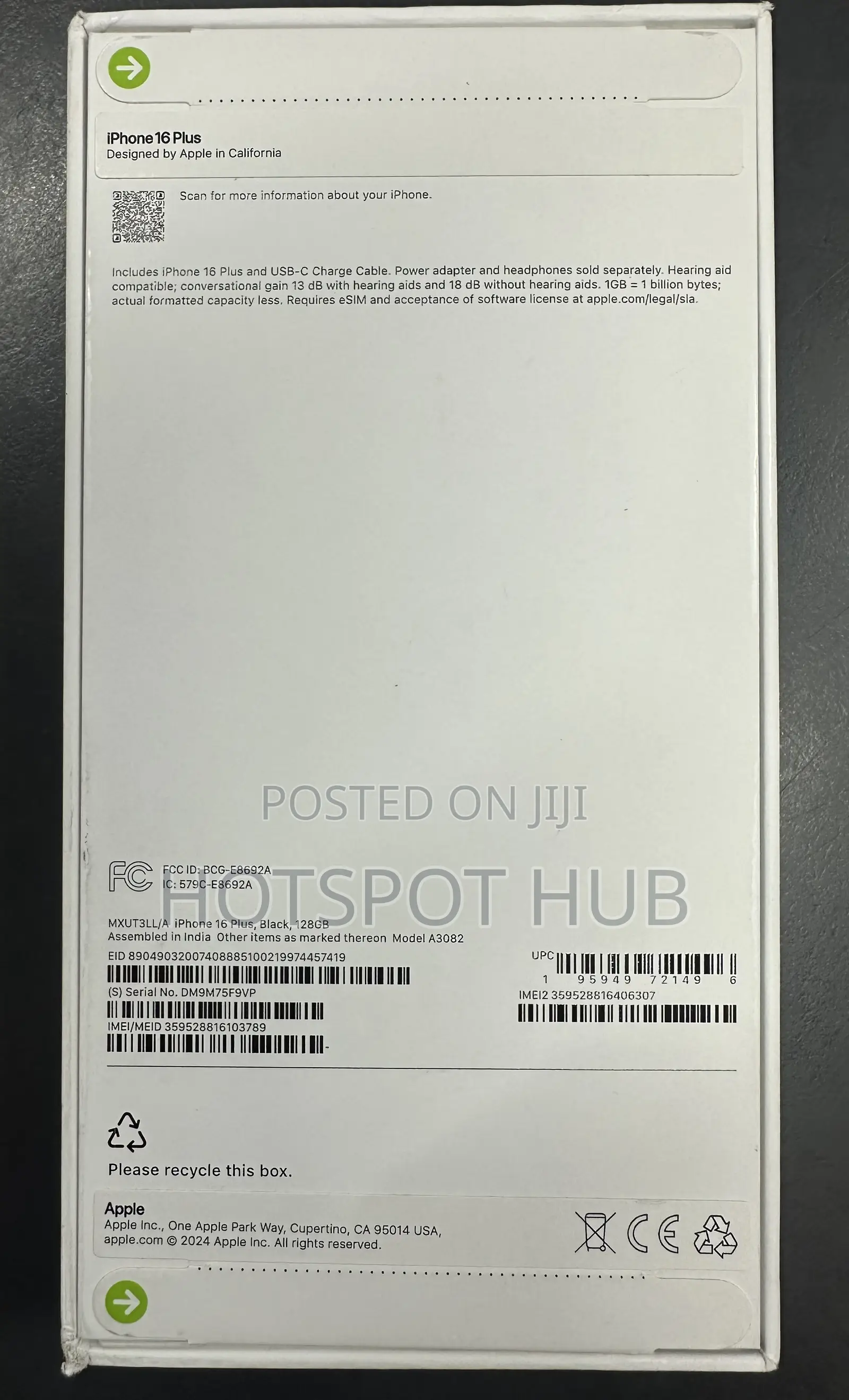 New Apple iPhone 16 Plus 128 GB Black