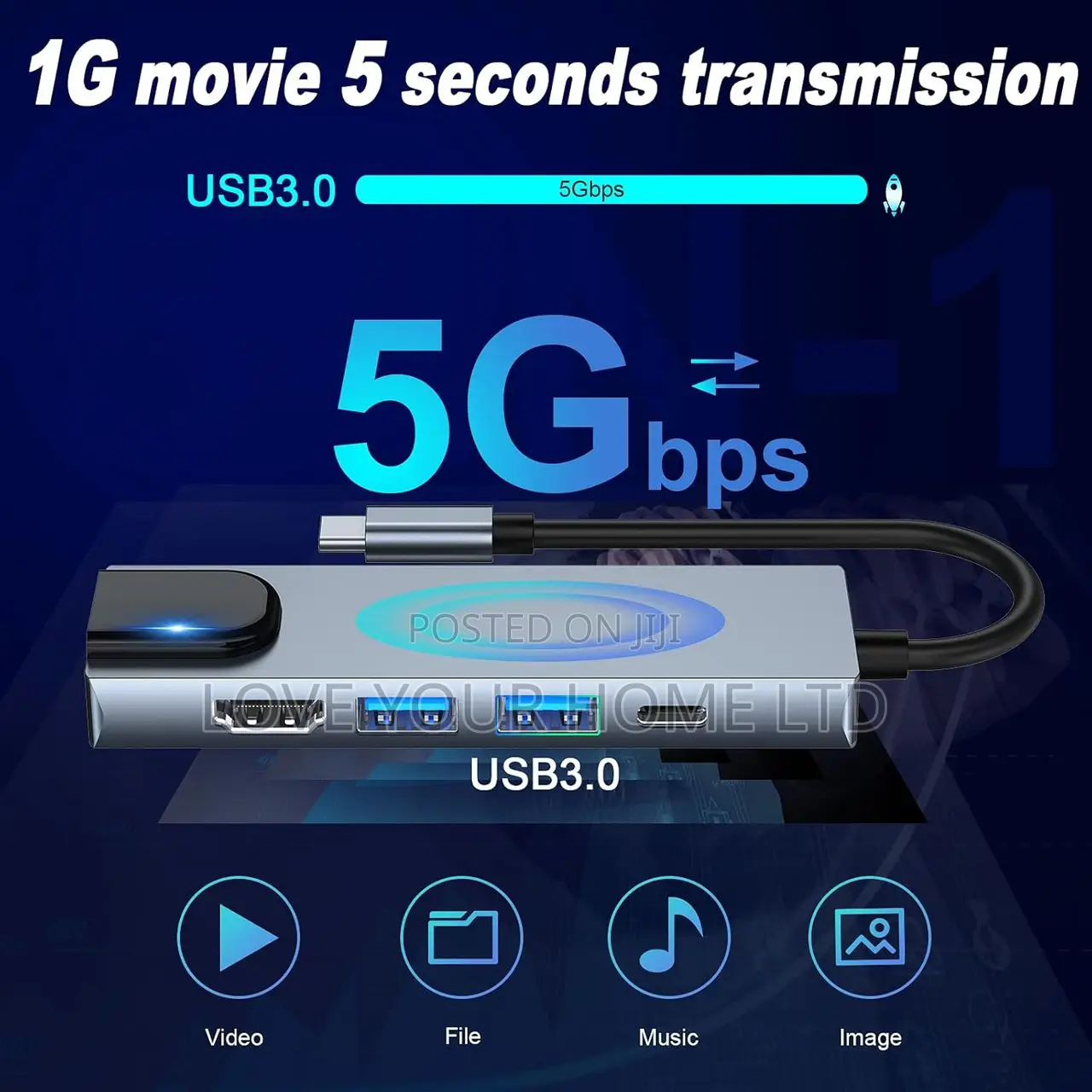 5-in-1 Type-C Hub Adapter — HDMI + Ethernet + USB 3.0 + PD Charging