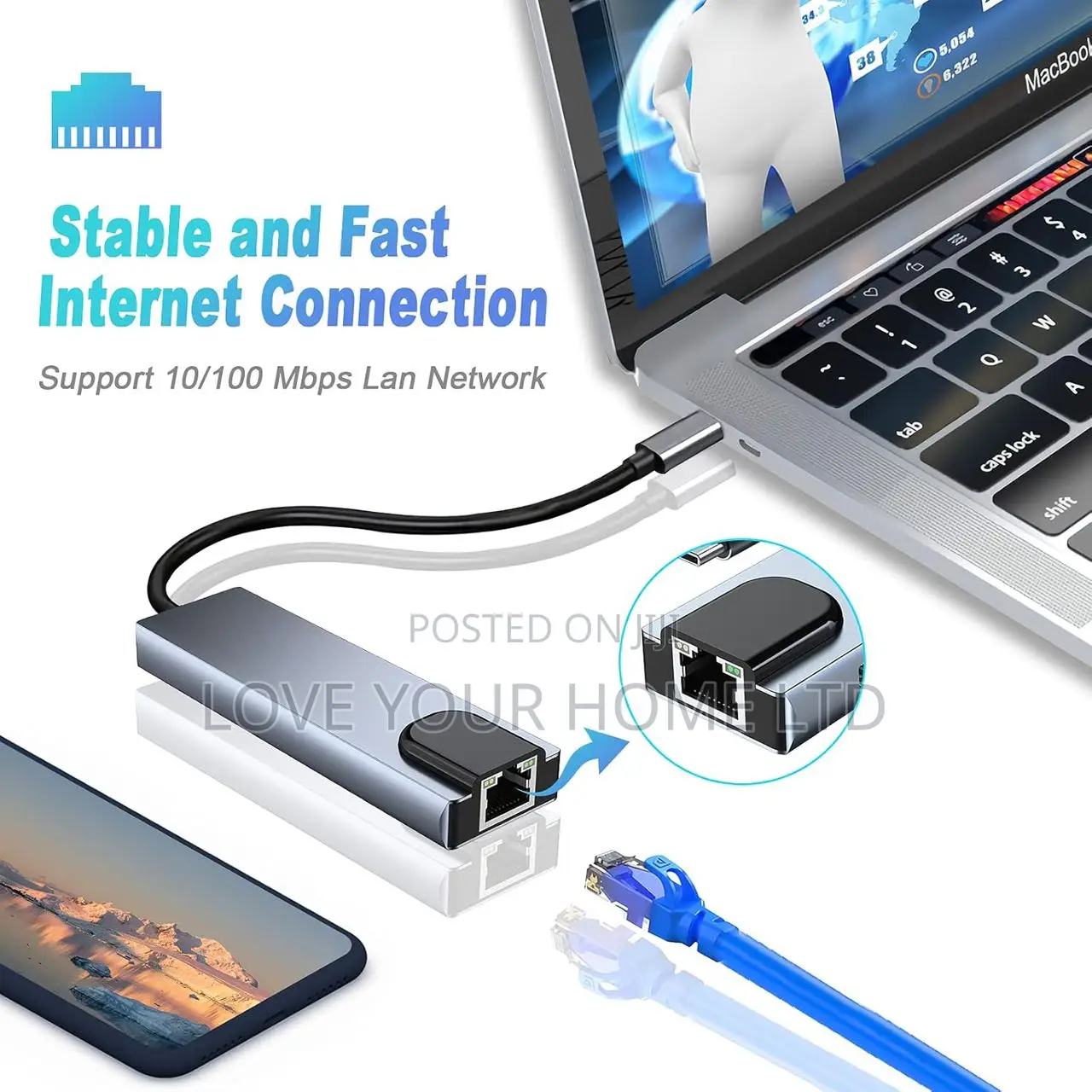 5-in-1 Type-C Hub Adapter — HDMI + Ethernet + USB 3.0 + PD Charging