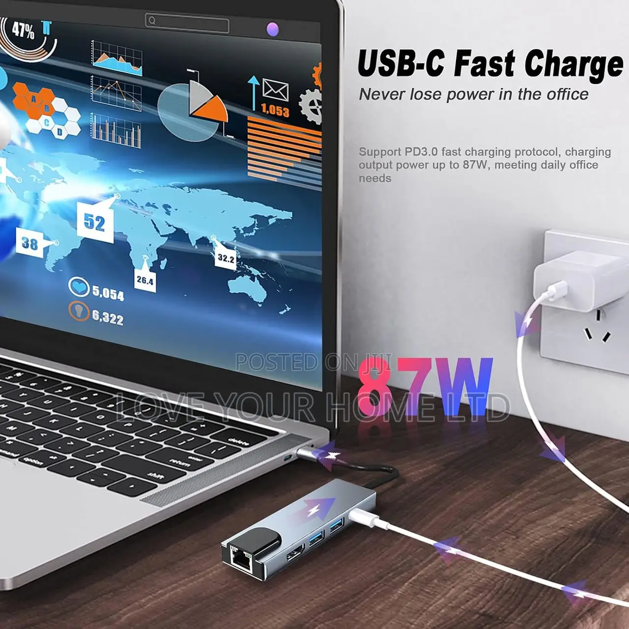 5-in-1 Type-C Hub Adapter — HDMI + Ethernet + USB 3.0 + PD Charging