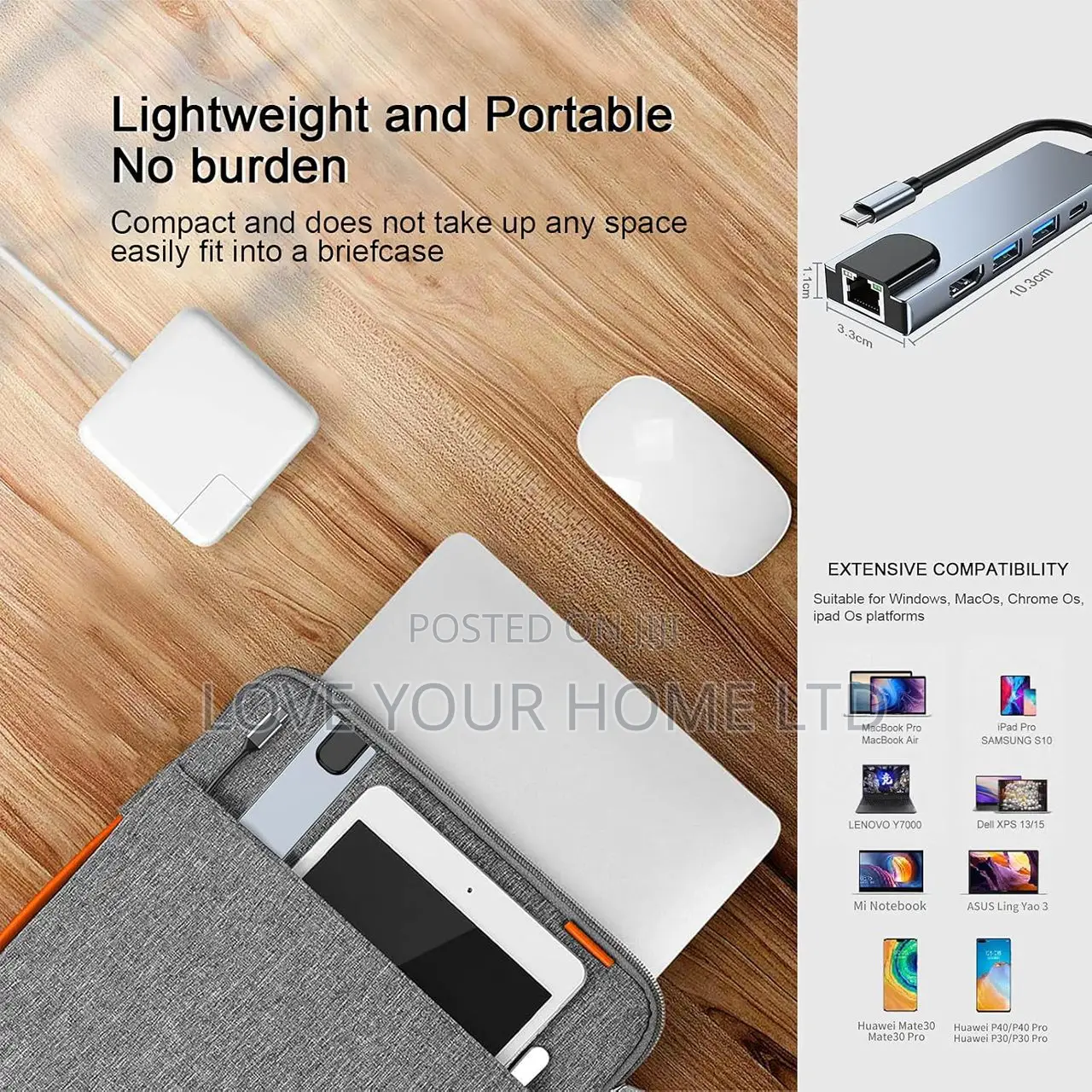 5-in-1 Type-C Hub Adapter — HDMI + Ethernet + USB 3.0 + PD Charging