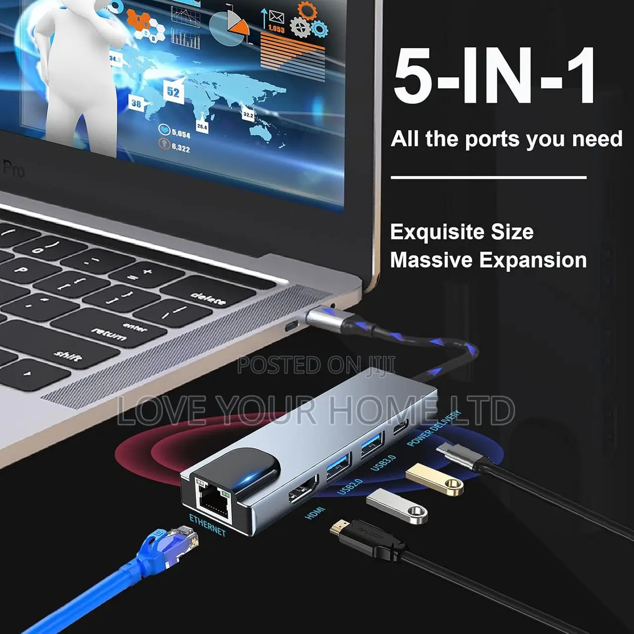 5-in-1 Type-C Hub Adapter — HDMI + Ethernet + USB 3.0 + PD Charging