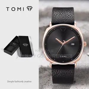 Tomi T044 Men's Minimalist Leather Casual Quartz Watch-Black Gold
