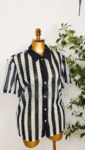 Unisex Black and White Striped Textured Button Up Shirt