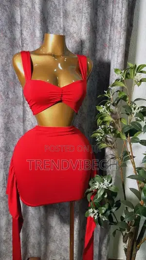 Women's Red Two Piece Skirt Set -Crop Tops Mini Skirt