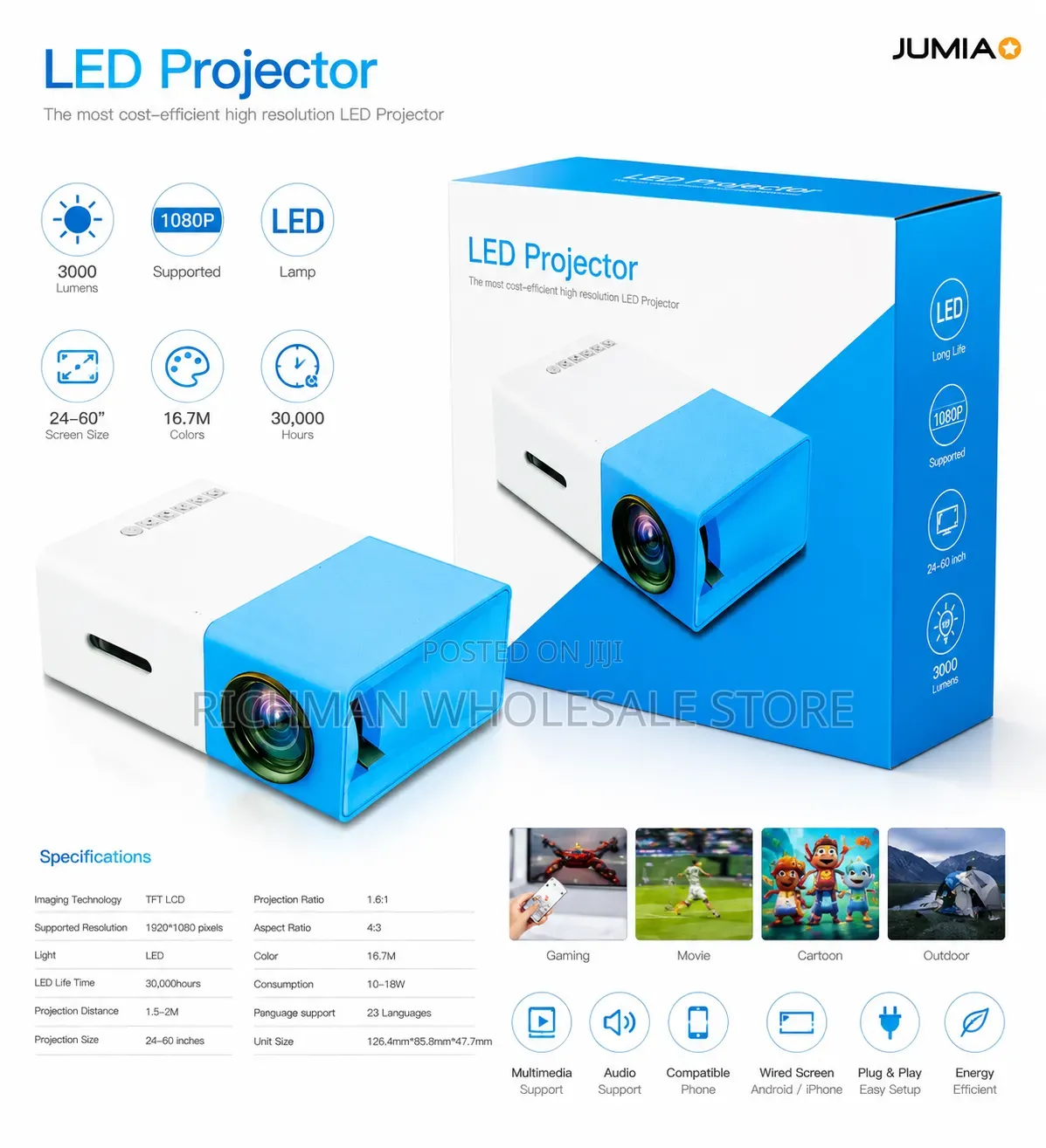 Mini Led Projector 1080p Hd Portable Home Cinema Hdmi USB Av