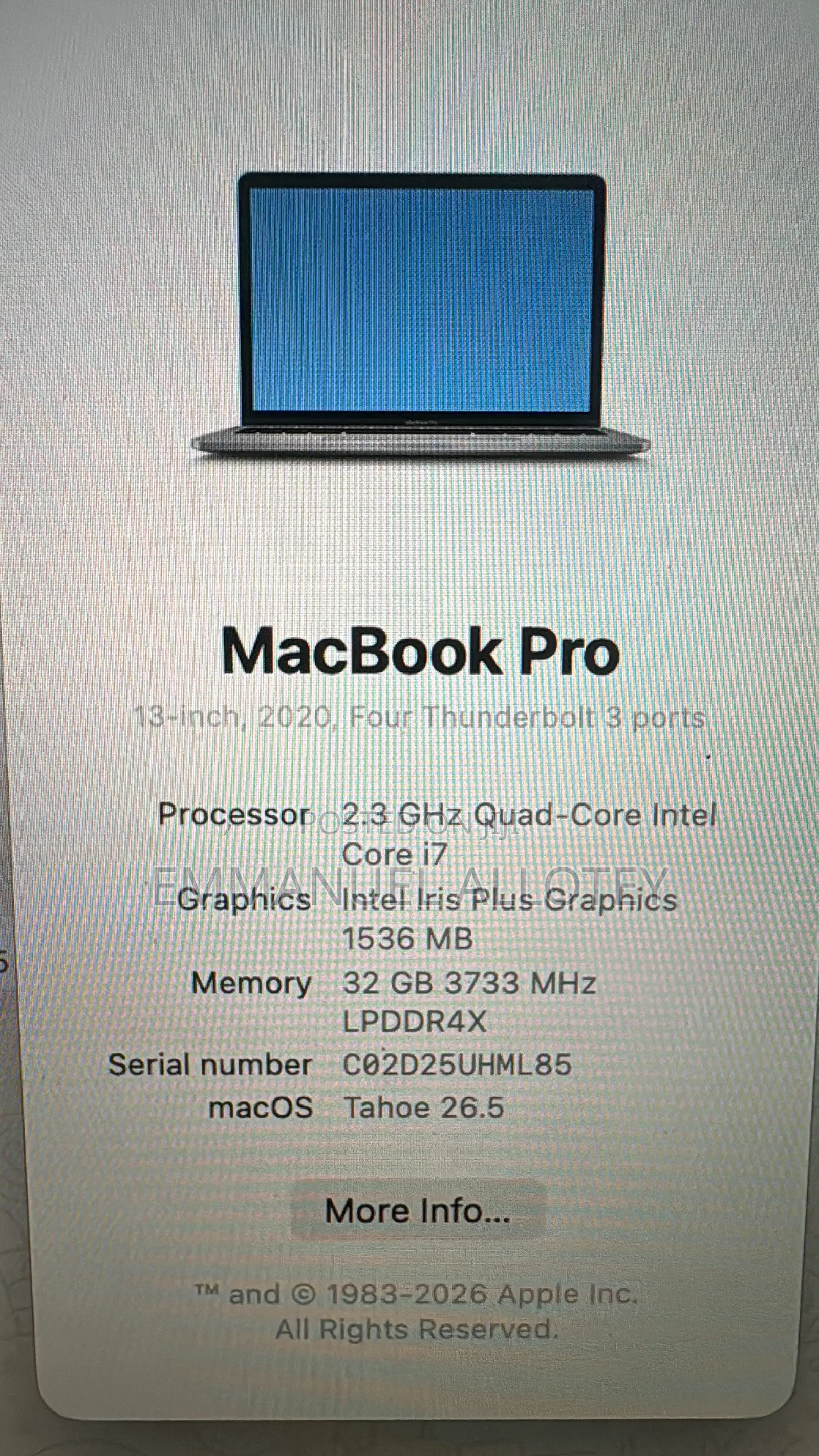 Laptop Apple MacBook Pro 2020 32GB Intel Core i7 HDD 500GB