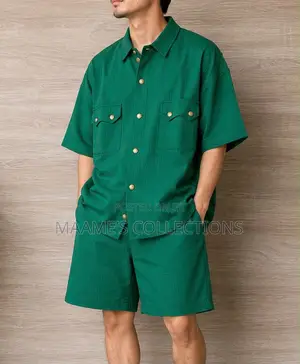 Men’S Textured Chest Pocket Shirt Shorts Set