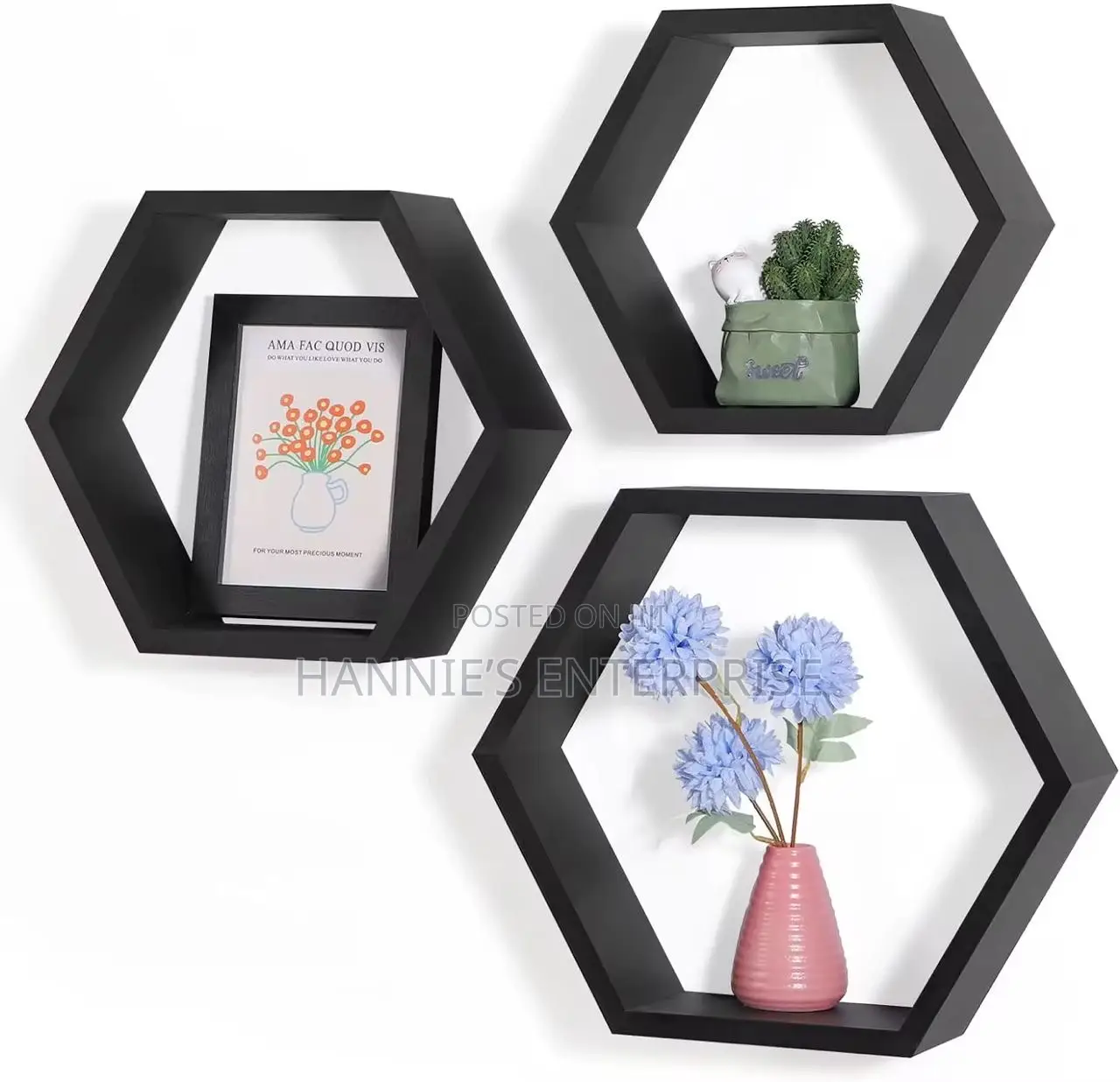Set of 3 Pine Wood Hexagon Shelves for Wall Decor -