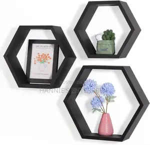 Set of 3 Pine Wood Hexagon Shelves for Wall Decor -