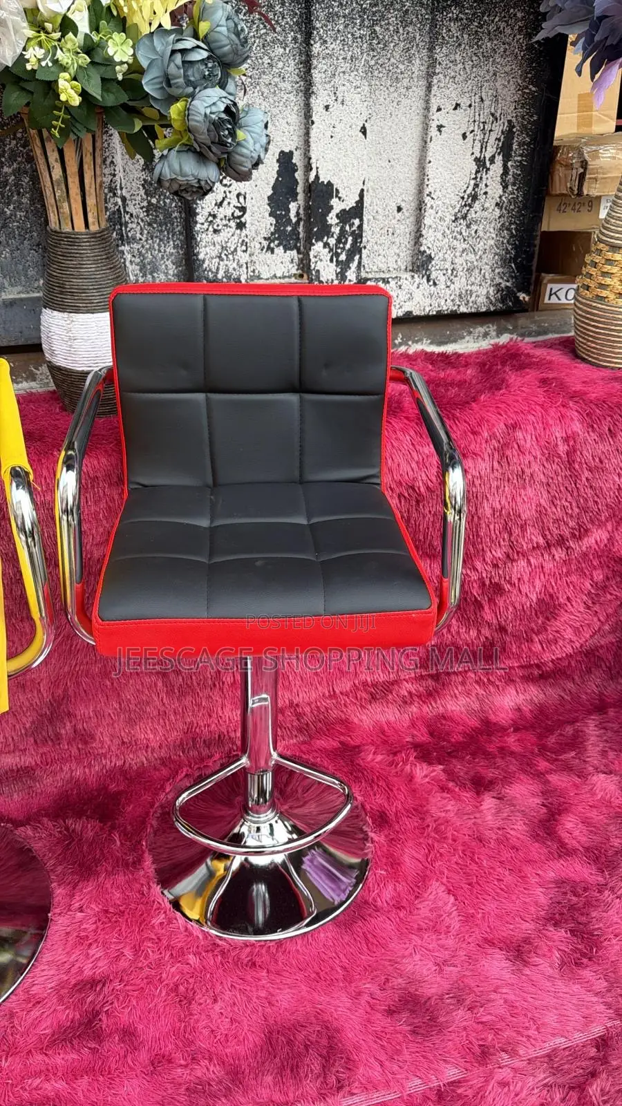 Red Black Tufted Adjustable Swivel Bar Stool With Chrome Armrests