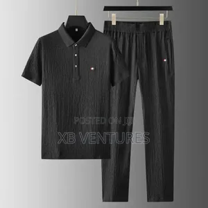 2pcs Mens Short Sleeve Polo T-Shirt + Long Pants Set - Black