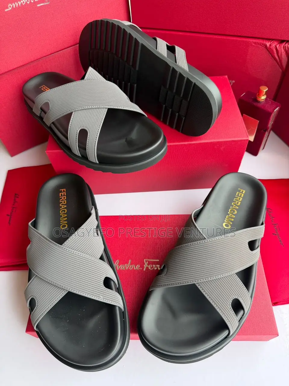 Quality Salvatore Ferragamo Cross-Strap Luxury Slides – Grey