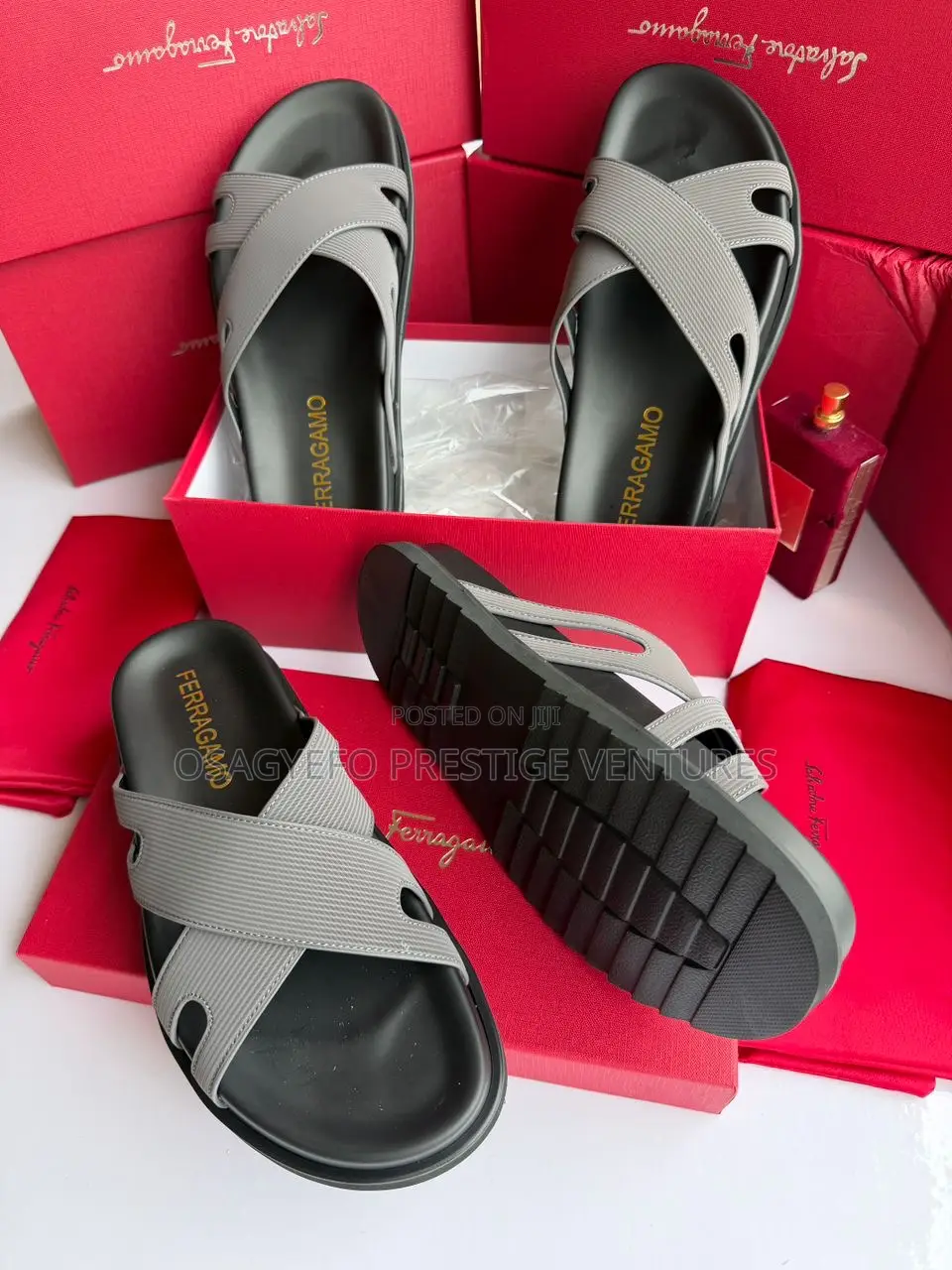 Quality Salvatore Ferragamo Cross-Strap Luxury Slides – Grey