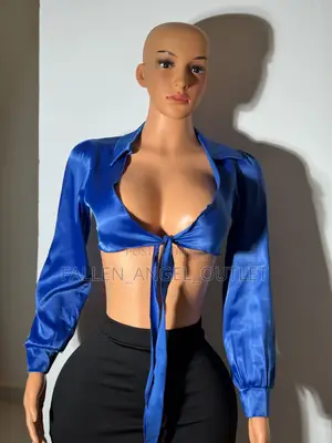 Royal Blue Satin Long Sleeve Tie-Front Top