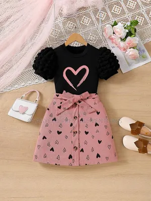 Girls' Heart Print Puff Sleeve Top Skirt Set